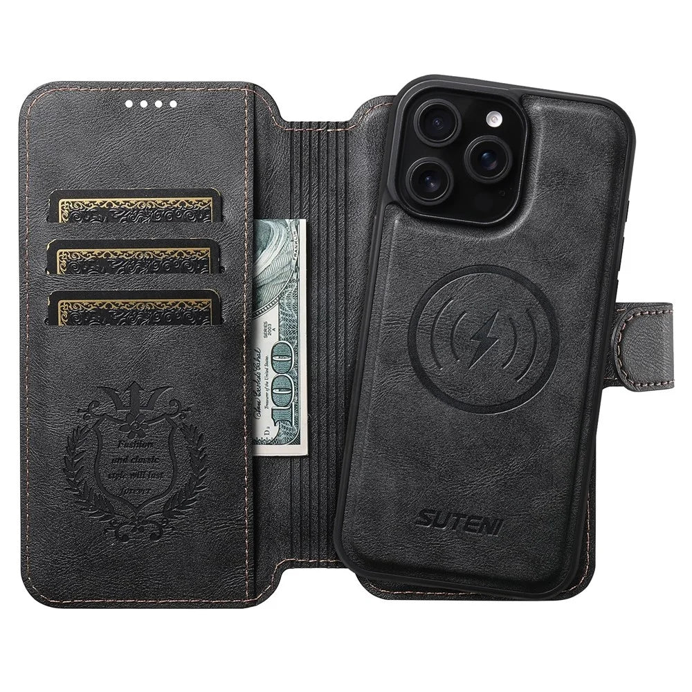 SUTENI Q-05 For iPhone 13 Pro Max Wallet Case 2 in 1 Detachable Leather Flip Phone Cover with Stand - Black - 2
