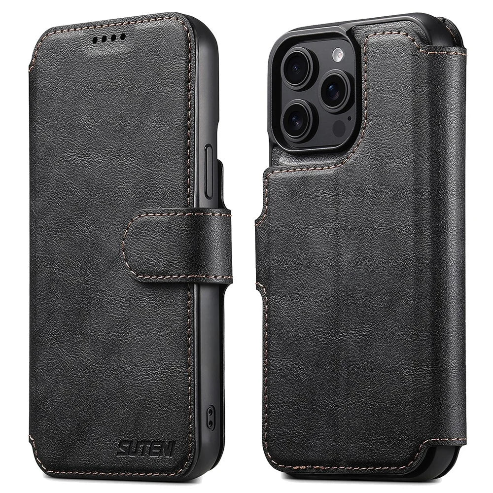 SUTENI Q-05 For iPhone 13 Pro Wallet Case 2 in 1 Detachable Leather Flip Phone Cover with Stand - Black - 1