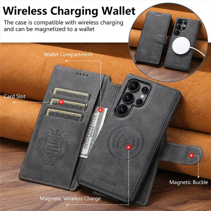 SUTENI Q-05 For Samsung Galaxy S25 Ultra Wallet Case 2 in 1 Detachable Leather Flip Phone Cover with Stand - Black - 6