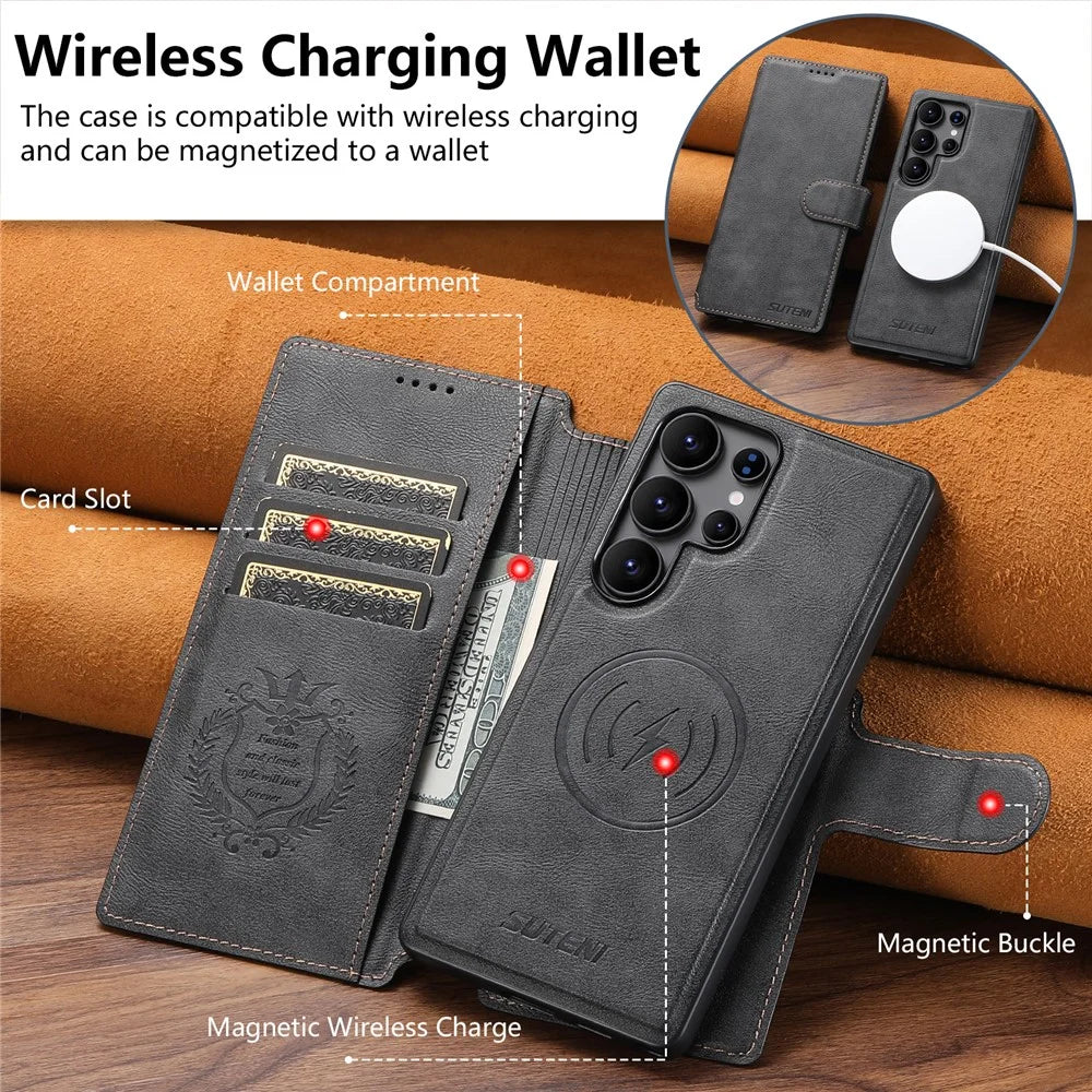 SUTENI Q-05 For Samsung Galaxy S22 Ultra 5G Wallet Case 2 in 1 Detachable Leather Flip Phone Cover with Stand - Black - 6
