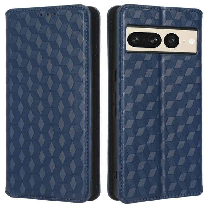 Anti-scratch Phone Case For Google Pixel 7 Pro 5G, Magnetic Auto Closing Phone Shell Stand Imprinted Rhombus Pattern PU Leather Flip Wallet Cover - Blue - 1