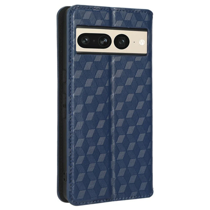 Anti-scratch Phone Case For Google Pixel 7 Pro 5G, Magnetic Auto Closing Phone Shell Stand Imprinted Rhombus Pattern PU Leather Flip Wallet Cover - Blue - 7
