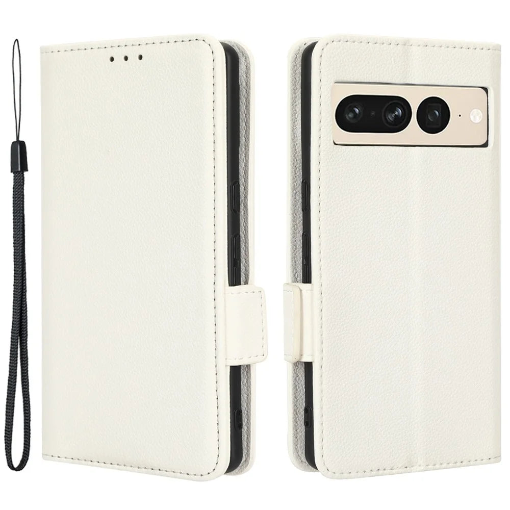 Litchi Texture Phone Cover for Google Pixel 7 Pro 5G, PU Leather Dual Magnetic Clasp Shockproof Phone Case Wallet Stand - White - 1