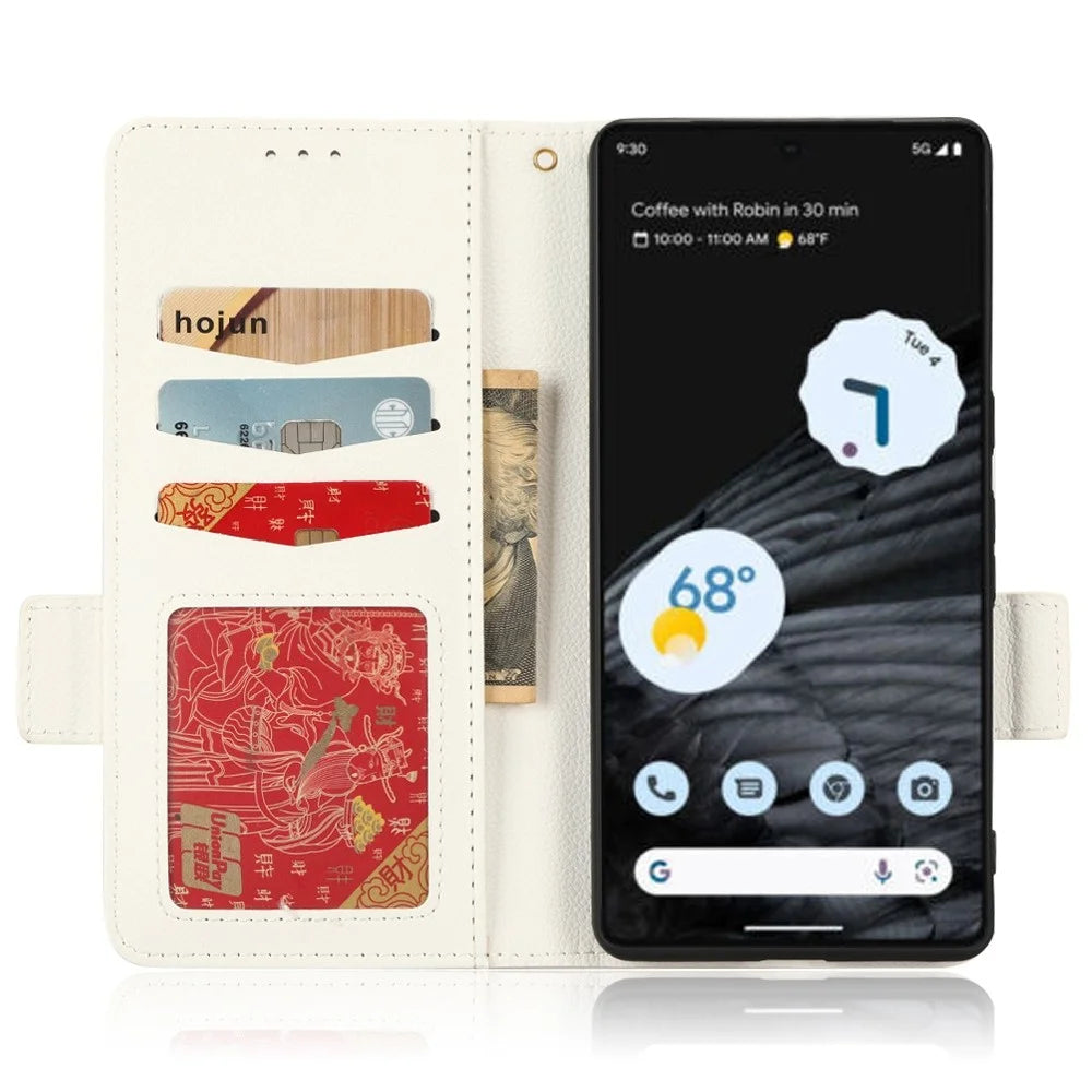 Litchi Texture Phone Cover for Google Pixel 7 Pro 5G, PU Leather Dual Magnetic Clasp Shockproof Phone Case Wallet Stand - White - 2
