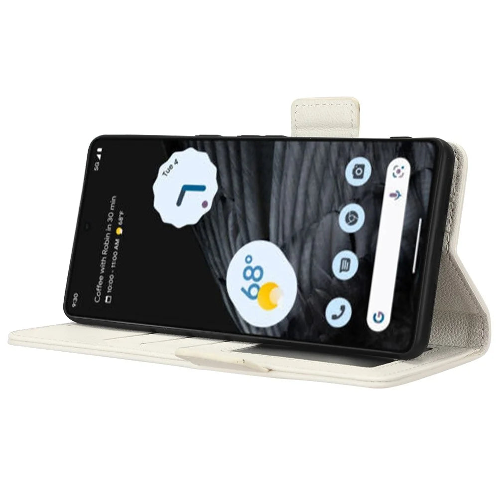 Litchi Texture Phone Cover for Google Pixel 7 Pro 5G, PU Leather Dual Magnetic Clasp Shockproof Phone Case Wallet Stand - White - 3