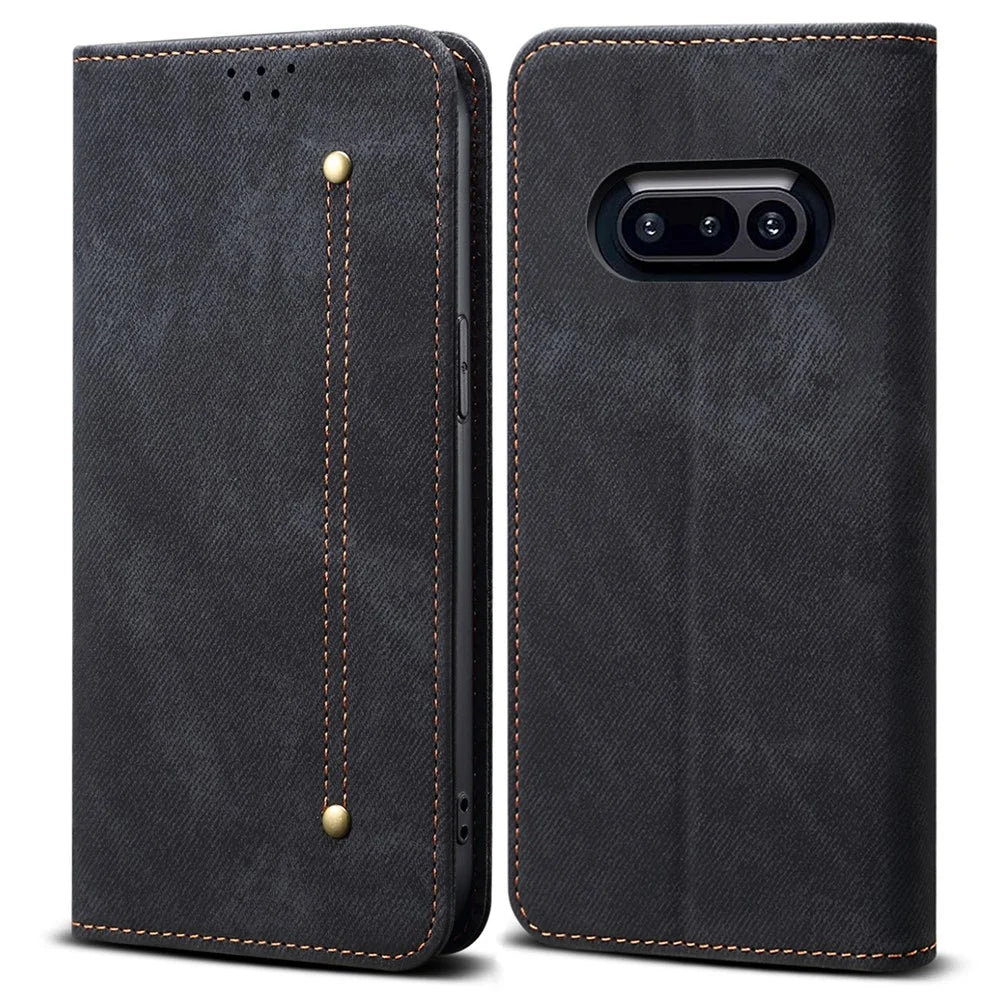 For Nothing Phone (3a) Case Jeans Cloth Texture Anti-Scratch Leather Stand Phone Cover - Black - 1