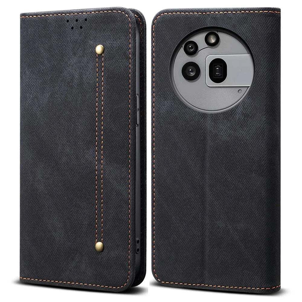 For Nothing Phone (3a) Pro Case Jeans Cloth Texture Anti-Scratch Leather Stand Phone Cover - Black - 1