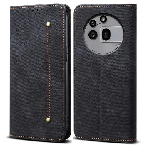 For Nothing Phone (3a) Pro Case Jeans Cloth Texture Anti-Scratch Leather Stand Phone Cover - Black - 1