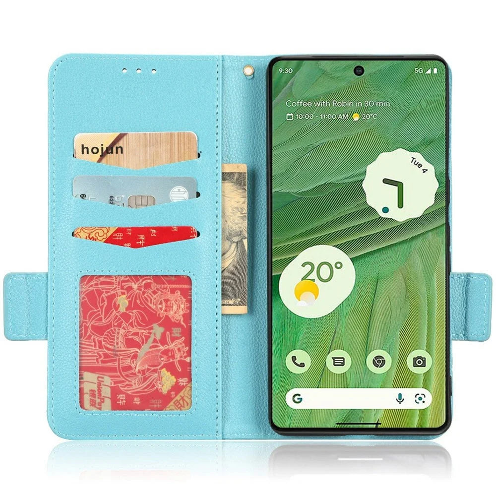 Drop-proof Phone Cover for Google Pixel 7 5G, Full Protection PU Leather Dual Magnetic Clasp Phone Case with Wallet Stand - Baby Blue - 2