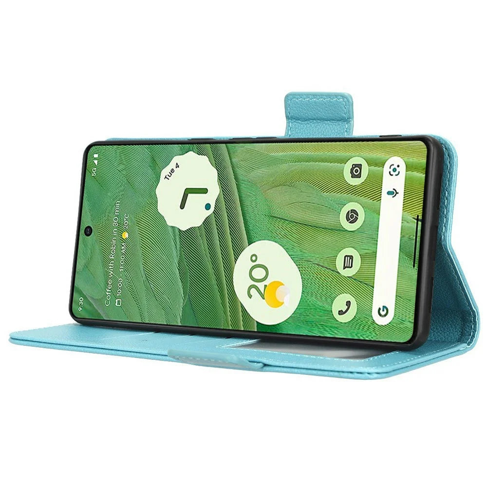Drop-proof Phone Cover for Google Pixel 7 5G, Full Protection PU Leather Dual Magnetic Clasp Phone Case with Wallet Stand - Baby Blue - 3