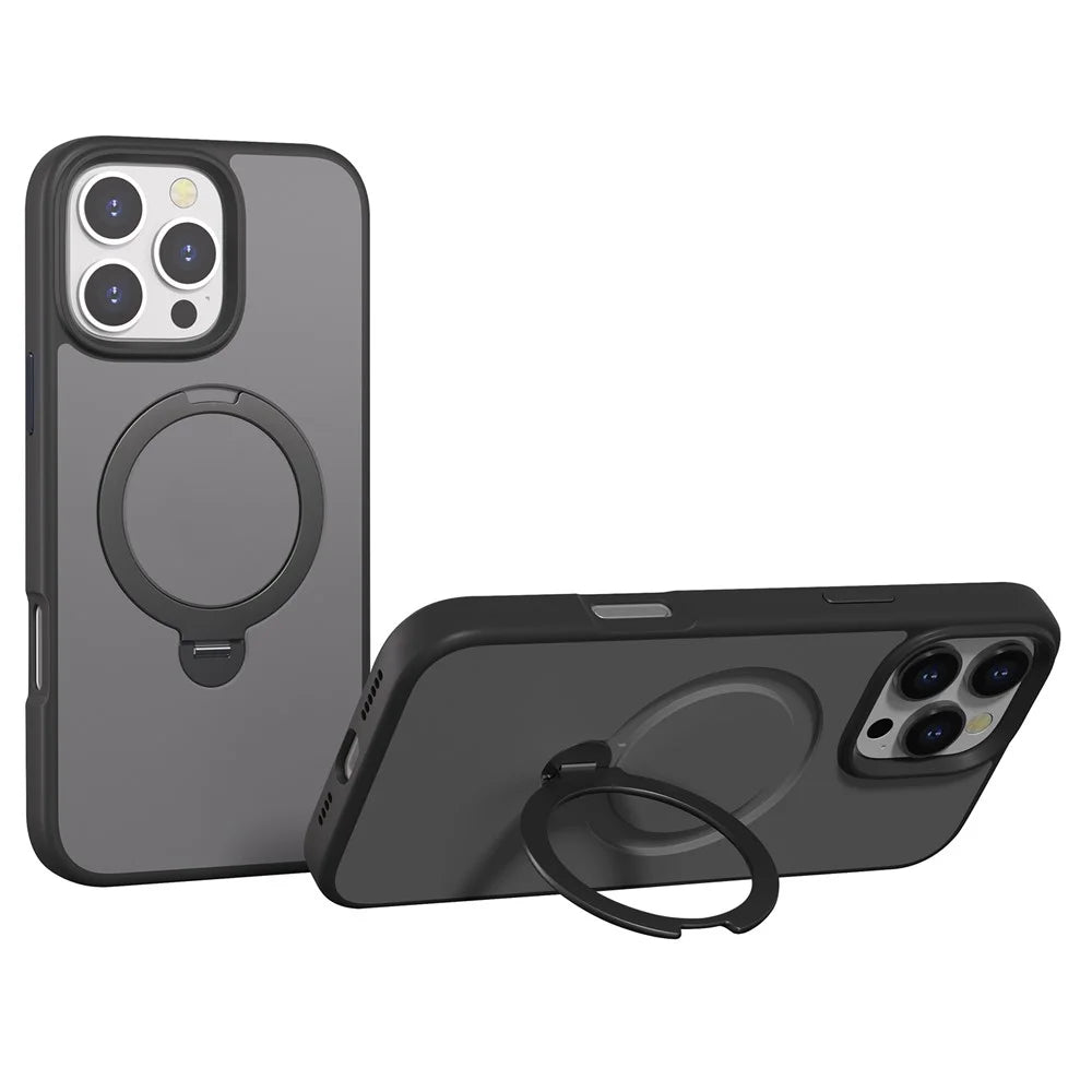 For iPhone 16 Pro Max Magnetic Case Rotating Kickstand TPU + PC Phone Back Cover - Black - 1