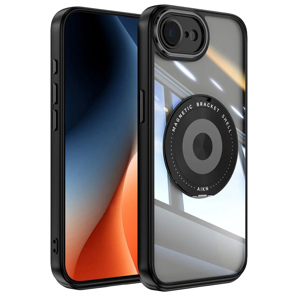 For iPhone 17e / 16e Magnetic Case PC + TPU Phone Cover with Rotating Metal Kickstand, Lens Protector - Black - 1