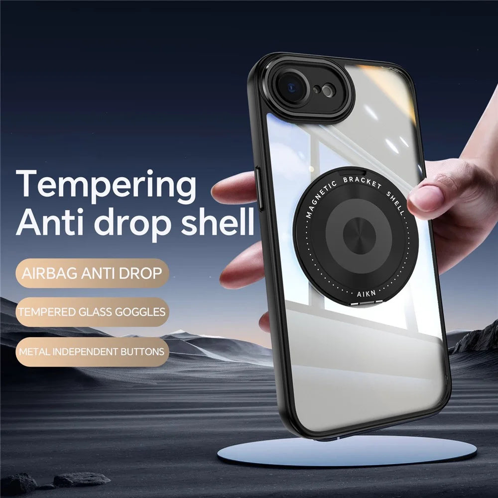 For iPhone 17e / 16e Magnetic Case PC + TPU Phone Cover with Rotating Metal Kickstand, Lens Protector - Black - 2