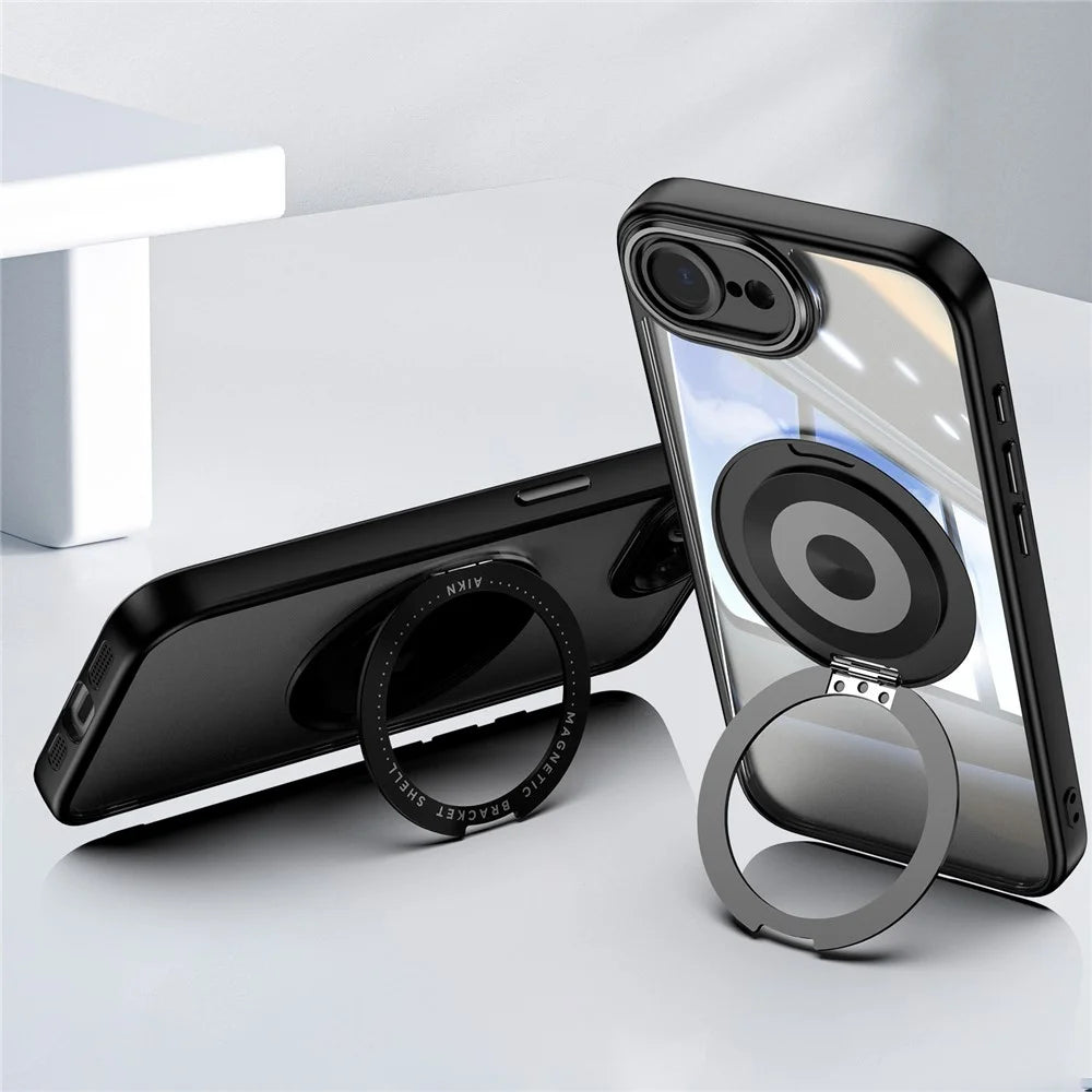 For iPhone 17e / 16e Magnetic Case PC + TPU Phone Cover with Rotating Metal Kickstand, Lens Protector - Black - 5