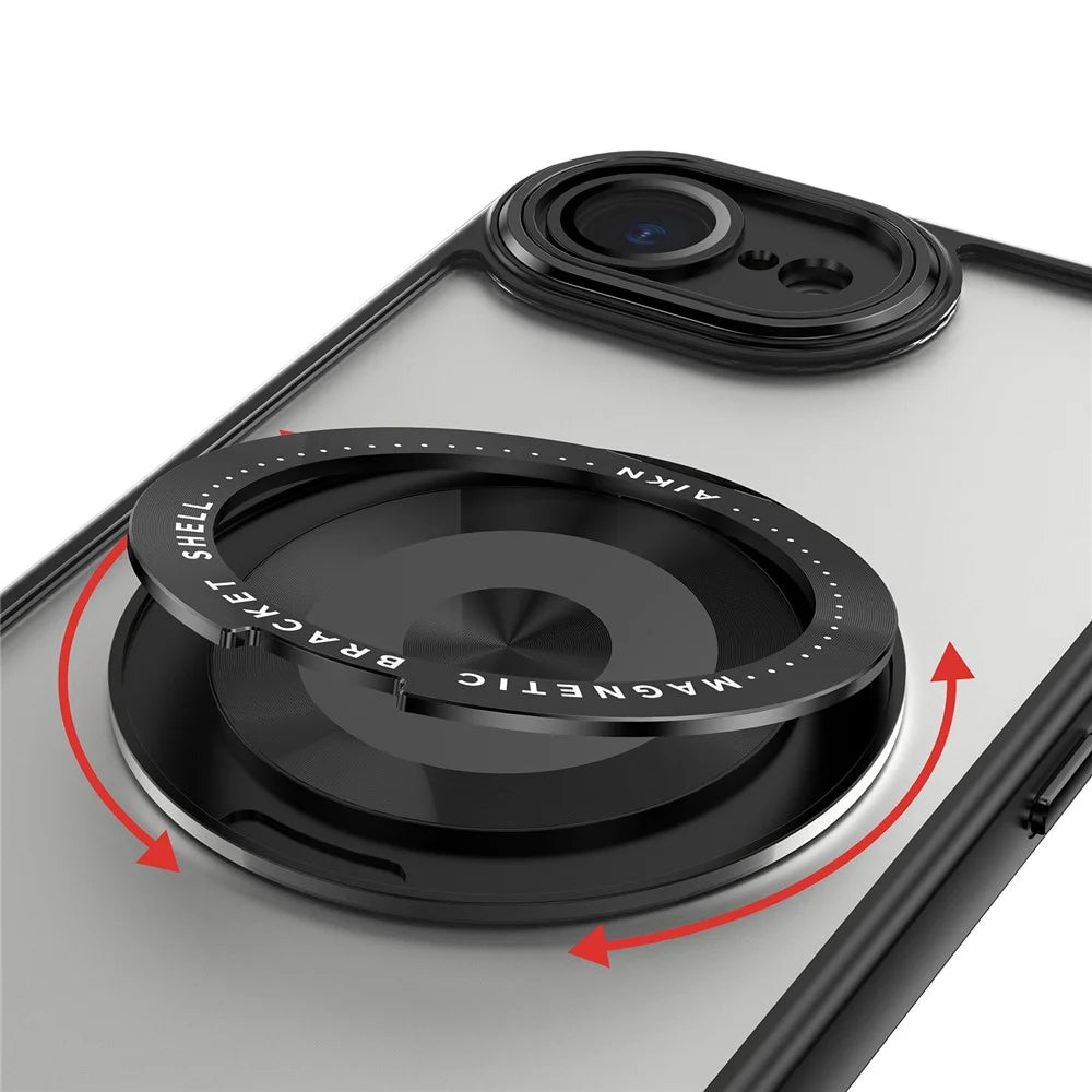 For iPhone 17e / 16e Magnetic Case PC + TPU Phone Cover with Rotating Metal Kickstand, Lens Protector - Black - 6