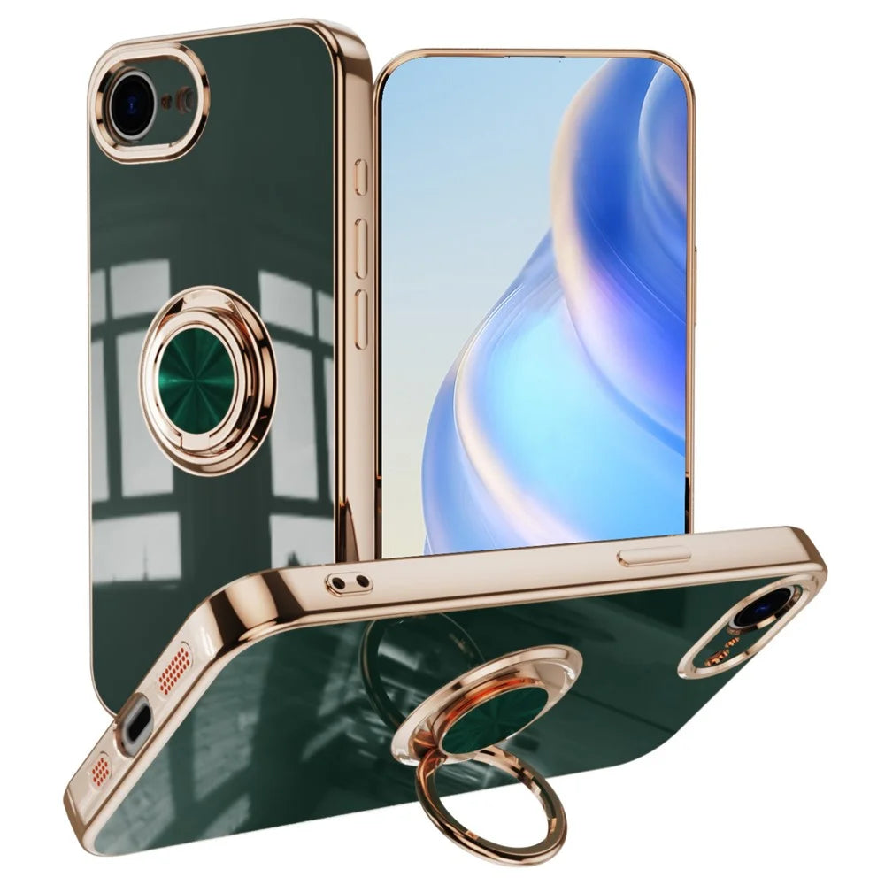 For iPhone 17e / 16e Case Precise Cutouts 6D Electroplating TPU Phone Cover with Ring Holder - Midnight Green - 1