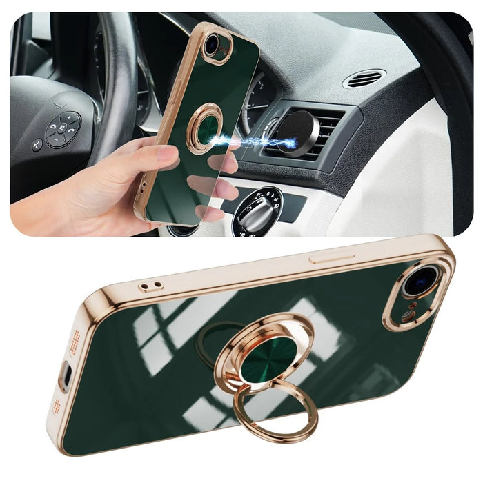 For iPhone 17e / 16e Case Precise Cutouts 6D Electroplating TPU Phone Cover with Ring Holder - Midnight Green - 2
