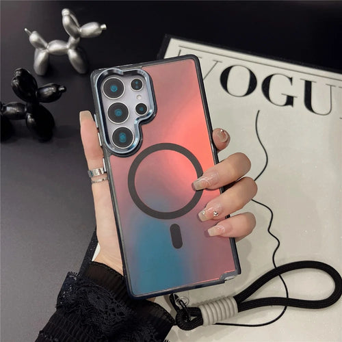 For Samsung Galaxy S25 Ultra Magnetic Case Electroplated Laser TPU + PC Phone Cover with Wrist Strap - Colorful Black - 1