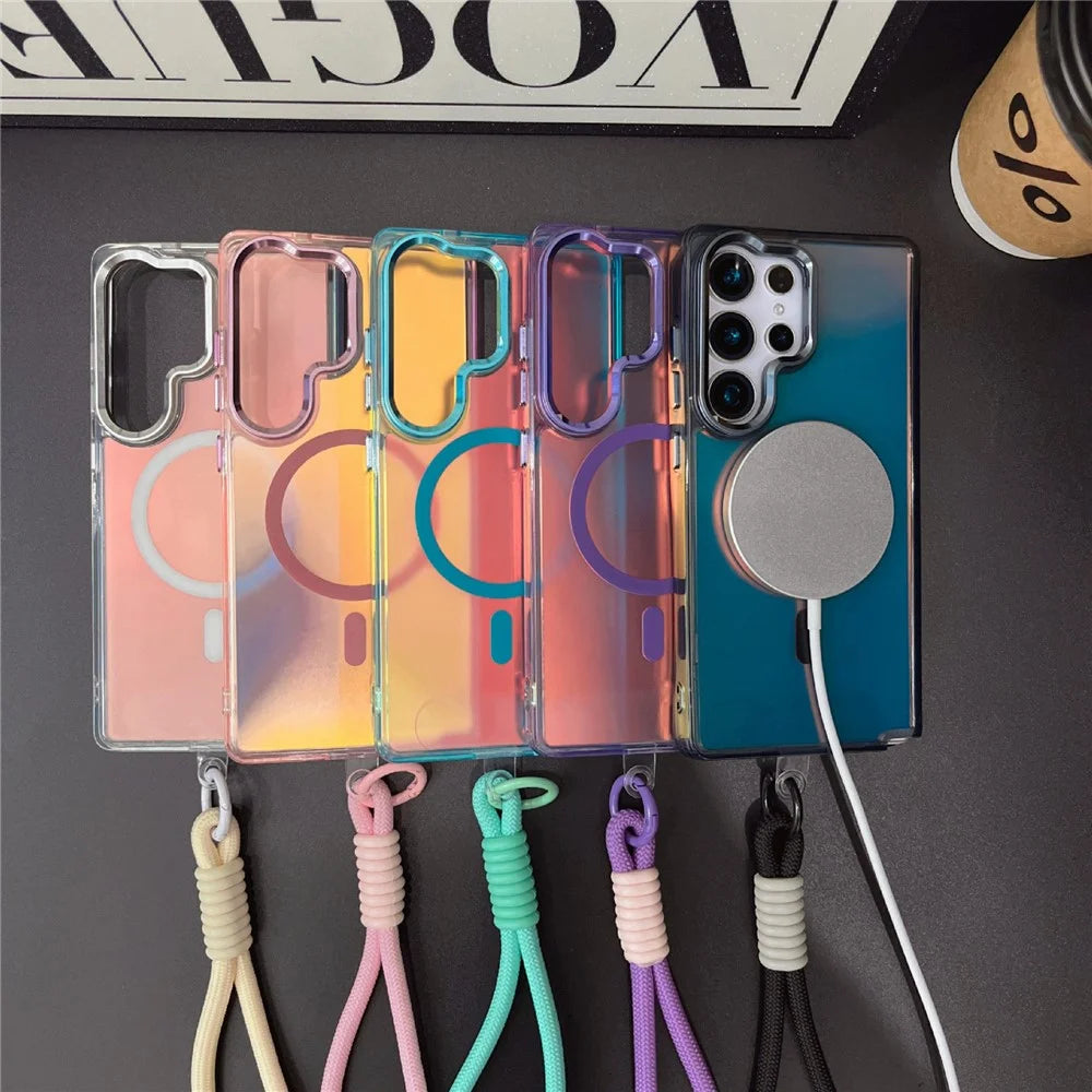 For Samsung Galaxy S25 Ultra Magnetic Case Electroplated Laser TPU + PC Phone Cover with Wrist Strap - Colorful Black - 2
