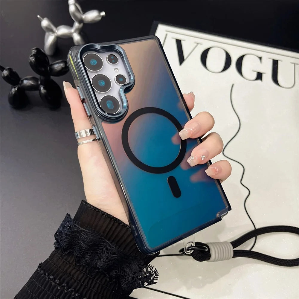 For Samsung Galaxy S25 Ultra Magnetic Case Electroplated Laser TPU + PC Phone Cover with Wrist Strap - Colorful Black - 3