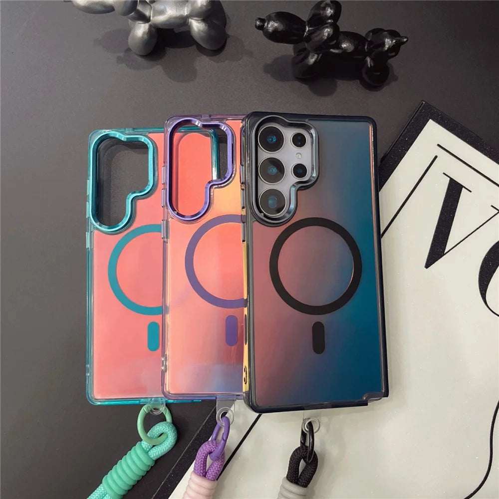 For Samsung Galaxy S25 Ultra Magnetic Case Electroplated Laser TPU + PC Phone Cover with Wrist Strap - Colorful Black - 4