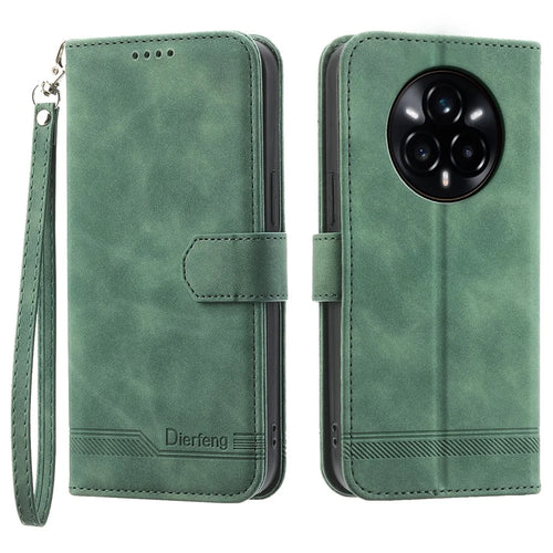 DIERFENG DF-03 For Realme 14 Pro 5G Leather Case Lines Imprint Wallet Phone Cover - Green - 1