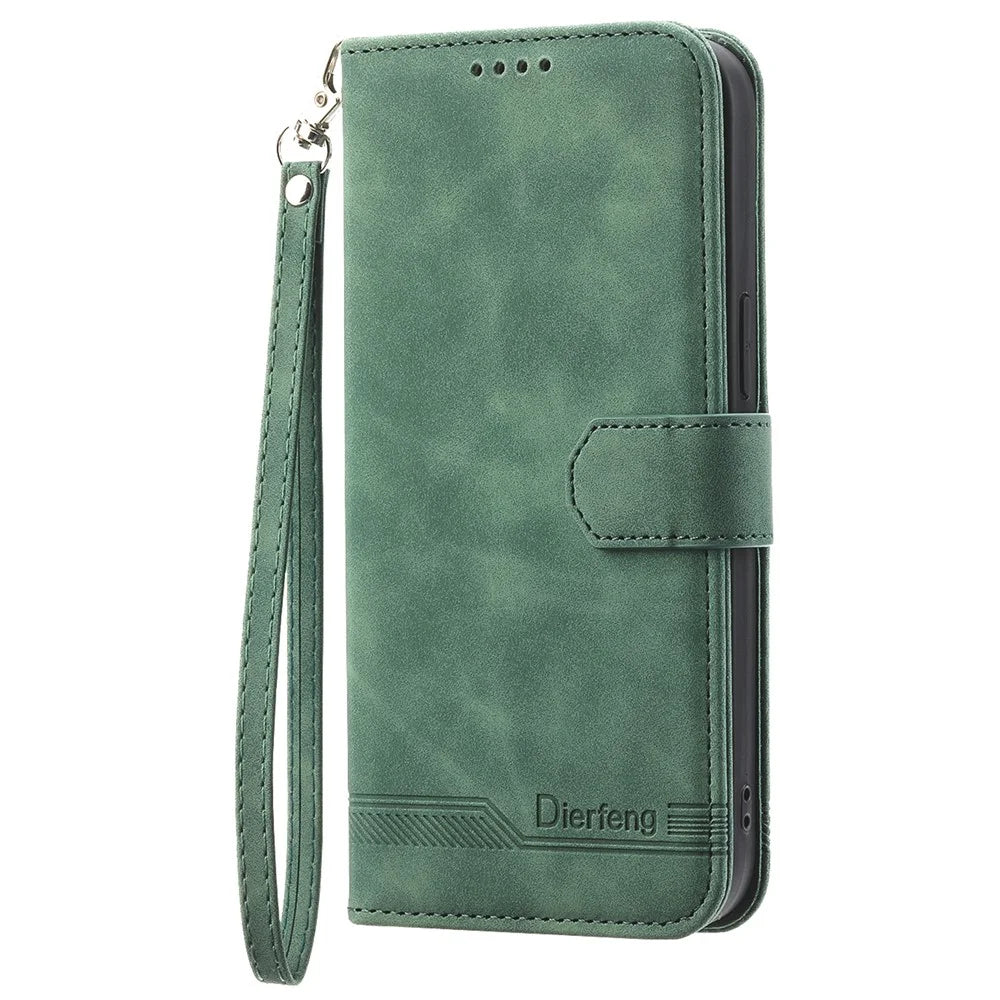 DIERFENG DF-03 For Realme 14 Pro 5G Leather Case Lines Imprint Wallet Phone Cover - Green - 7