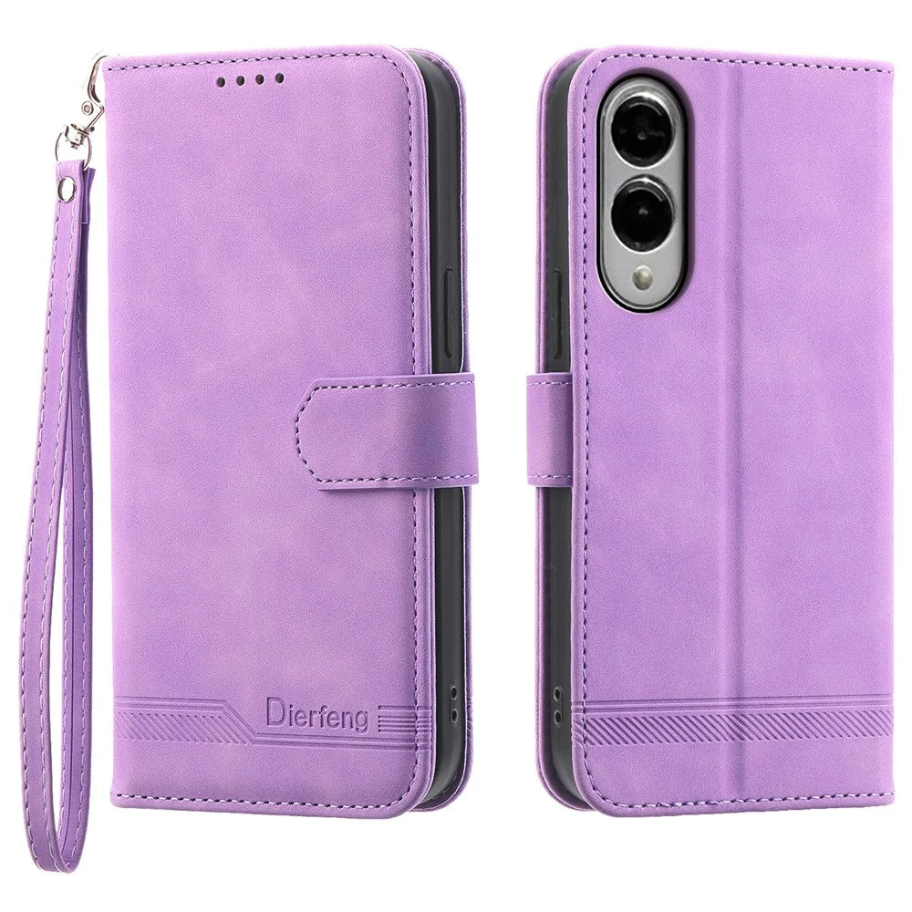 DIERFENG DF-03 For Samsung Galaxy S25 Edge Leather Case Lines Imprint Wallet Phone Cover - Purple - 1