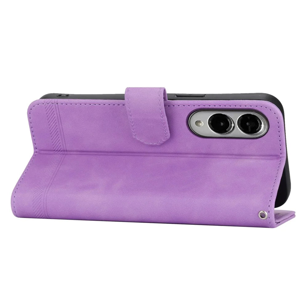 DIERFENG DF-03 For Samsung Galaxy S25 Edge Leather Case Lines Imprint Wallet Phone Cover - Purple - 2