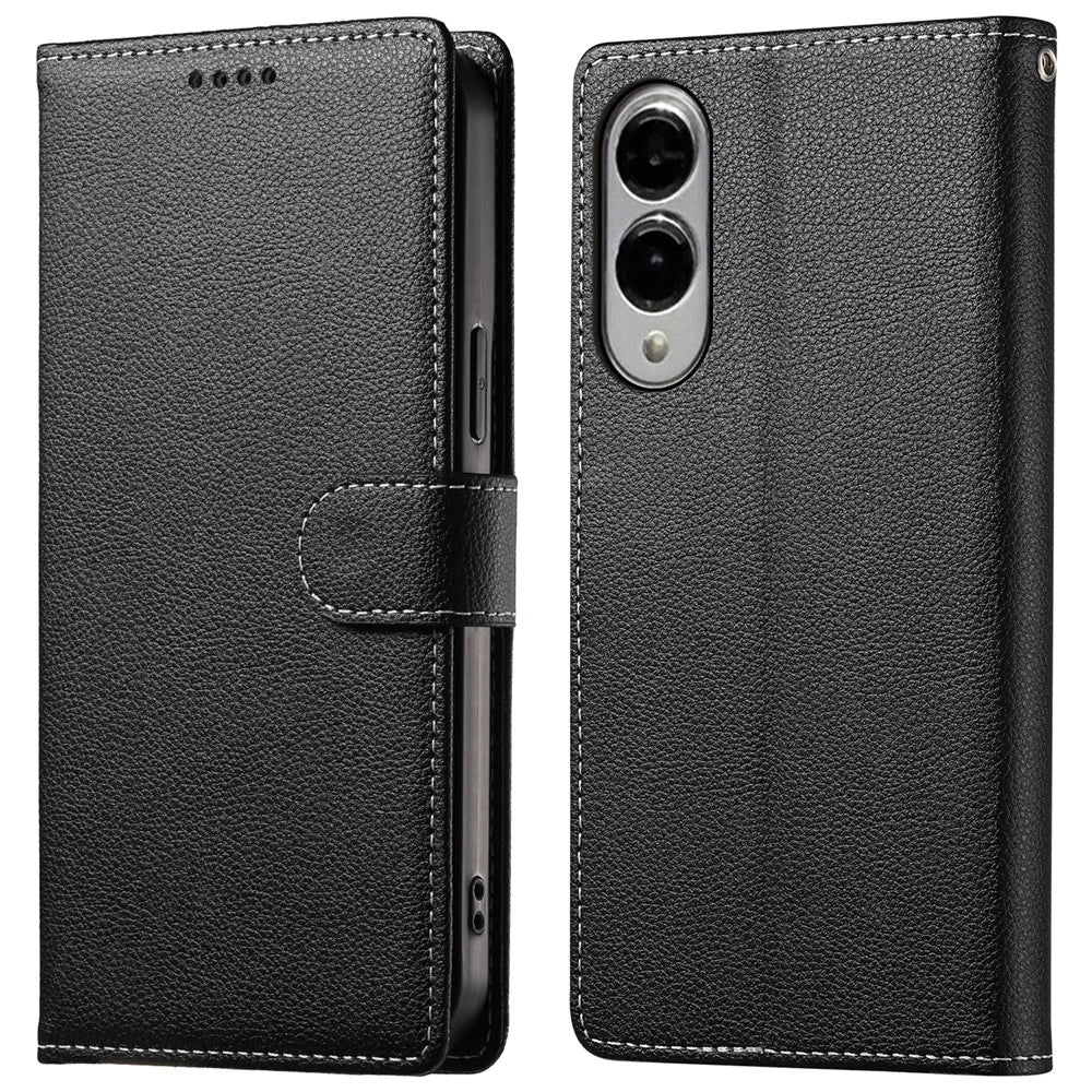 For Samsung Galaxy S25 Edge Stand Case Litchi Texture Leather Wallet Phone Cover Magnetic Snap - Black - 1