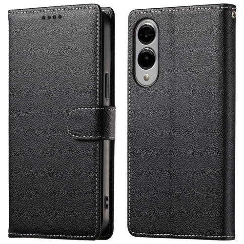 For Samsung Galaxy S25 Edge Stand Case Litchi Texture Leather Wallet Phone Cover Magnetic Snap - Black - 1