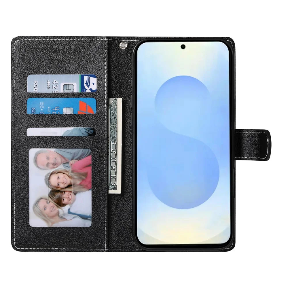For Samsung Galaxy S25 Edge Stand Case Litchi Texture Leather Wallet Phone Cover Magnetic Snap - Black - 2