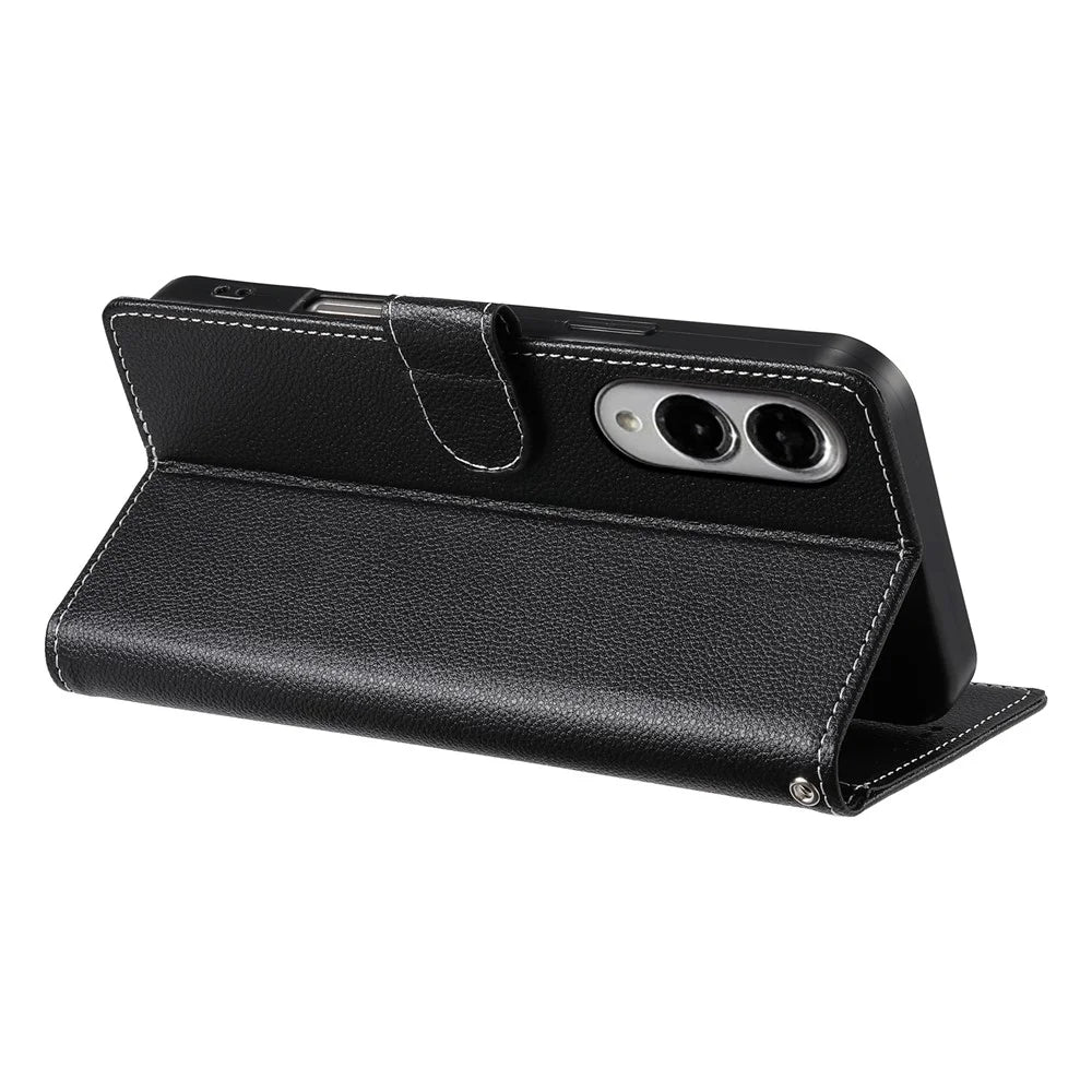 For Samsung Galaxy S25 Edge Stand Case Litchi Texture Leather Wallet Phone Cover Magnetic Snap - Black - 3
