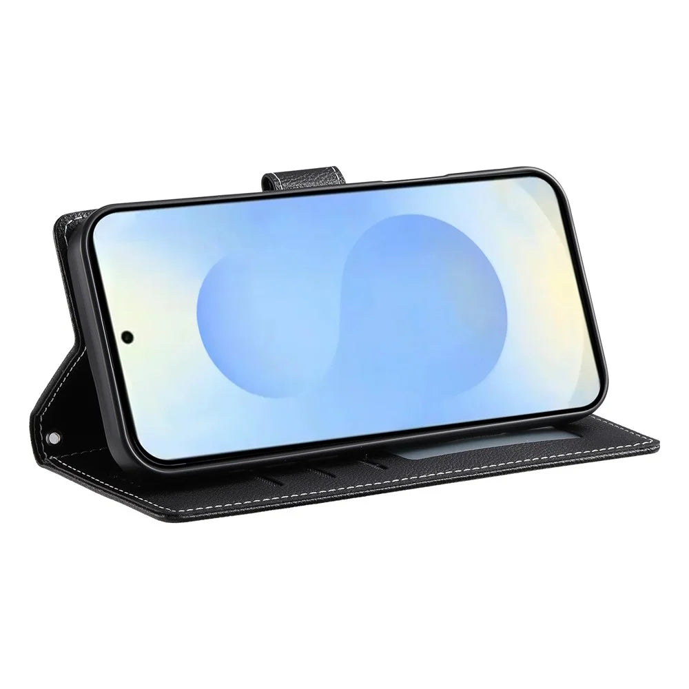 For Samsung Galaxy S25 Edge Stand Case Litchi Texture Leather Wallet Phone Cover Magnetic Snap - Black - 4