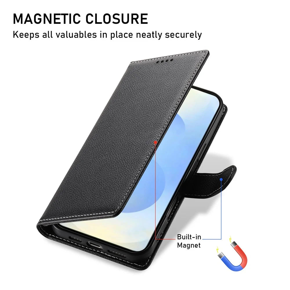 For Samsung Galaxy S25 Edge Stand Case Litchi Texture Leather Wallet Phone Cover Magnetic Snap - Black - 5