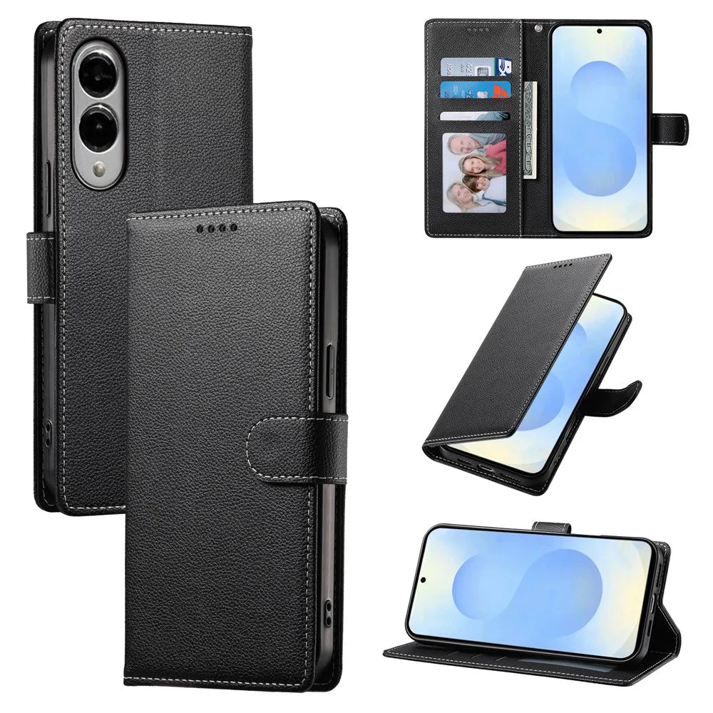 For Samsung Galaxy S25 Edge Stand Case Litchi Texture Leather Wallet Phone Cover Magnetic Snap - Black - 7