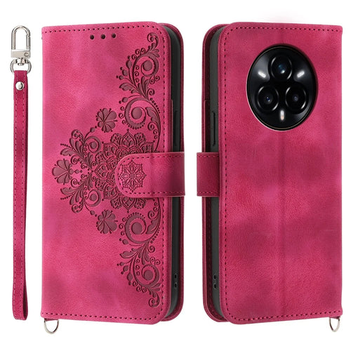 For Realme 14 Pro 5G Case Flower Pattern PU Leather Wallet Phone Cover with Strap - Wine Red - 1