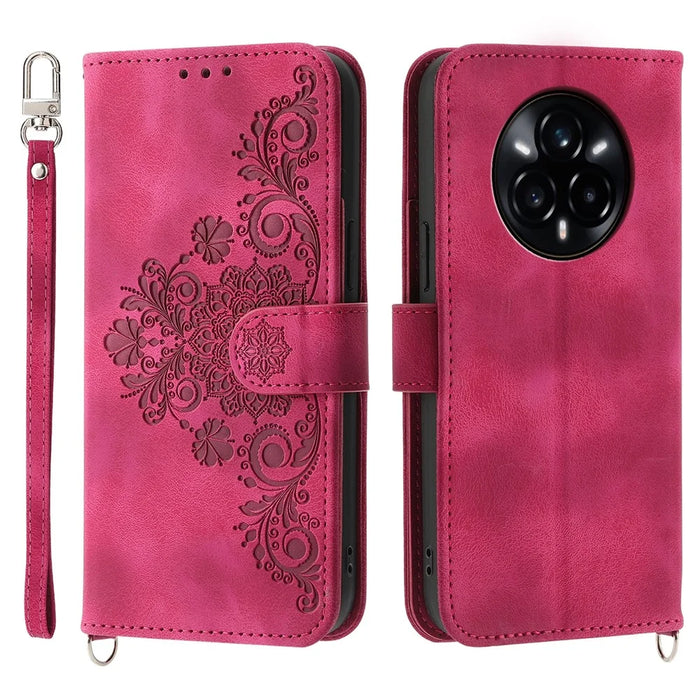 For Realme 14 Pro 5G Case Flower Pattern PU Leather Wallet Phone Cover with Strap - Wine Red - 1