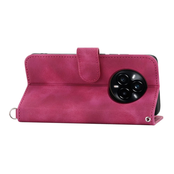 For Realme 14 Pro 5G Case Flower Pattern PU Leather Wallet Phone Cover with Strap - Wine Red - 5