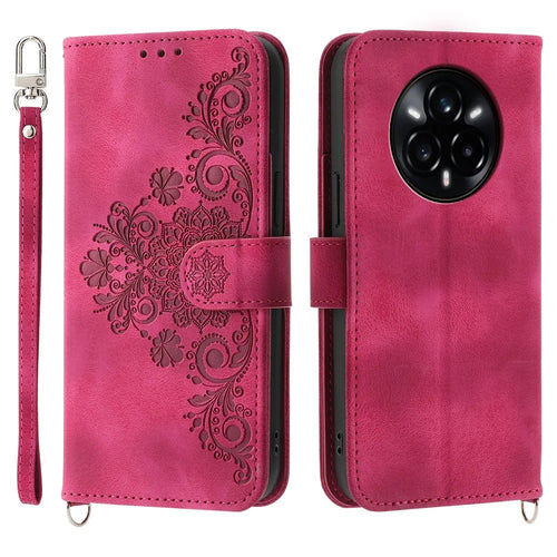 For Realme 14 Pro+ 5G Case Flower Pattern PU Leather Wallet Phone Cover with Strap - Wine Red - 1