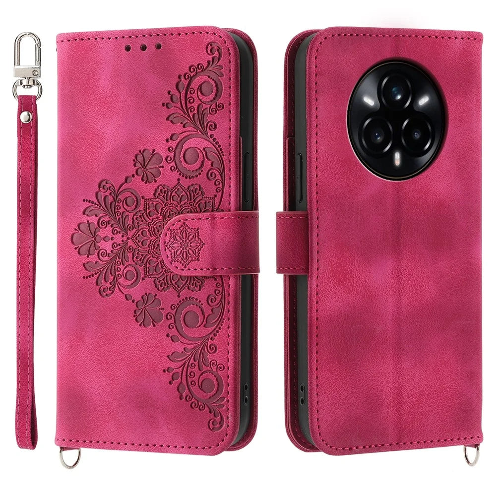 For Realme 14 Pro+ 5G Case Flower Pattern PU Leather Wallet Phone Cover with Strap - Wine Red - 1