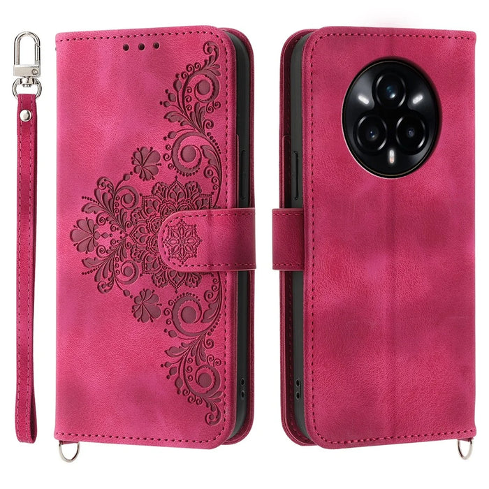 For Realme 14 Pro+ 5G Case Flower Pattern PU Leather Wallet Phone Cover with Strap - Wine Red - 1