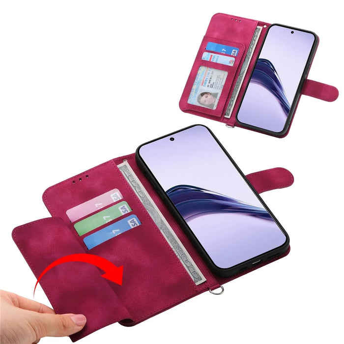 For Realme 14 Pro+ 5G Case Flower Pattern PU Leather Wallet Phone Cover with Strap - Wine Red - 2
