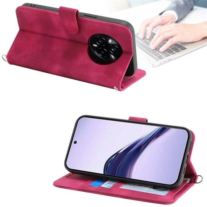 For Realme 14 Pro+ 5G Case Flower Pattern PU Leather Wallet Phone Cover with Strap - Wine Red - 3