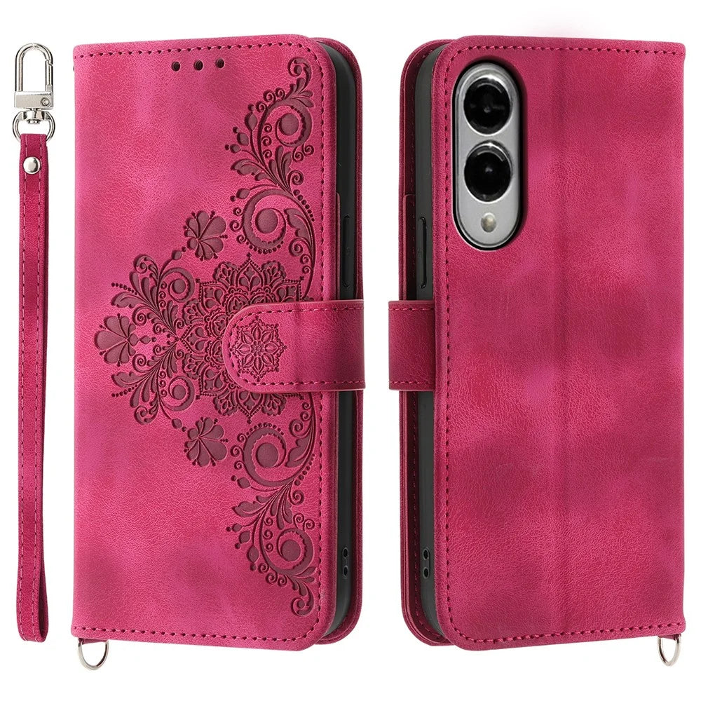 For Samsung Galaxy S25 Edge Case Flower Pattern PU Leather Wallet Phone Cover with Strap - Wine Red - 1