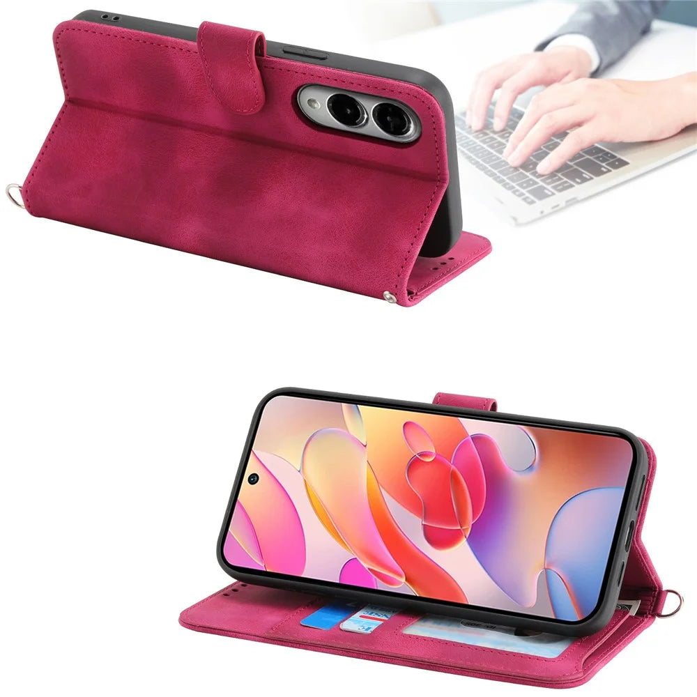 For Samsung Galaxy S25 Edge Case Flower Pattern PU Leather Wallet Phone Cover with Strap - Wine Red - 3