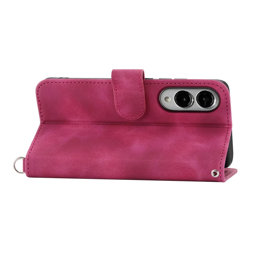 For Samsung Galaxy S25 Edge Case Flower Pattern PU Leather Wallet Phone Cover with Strap - Wine Red - 5