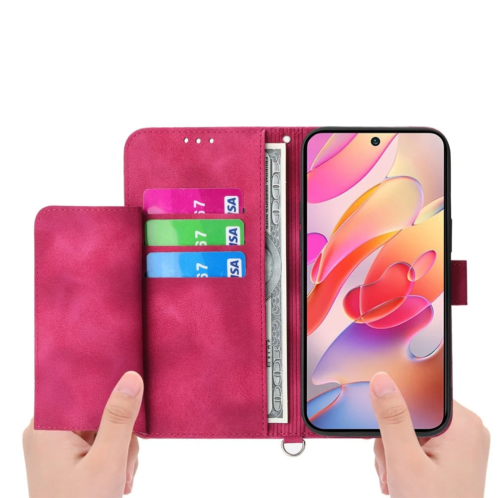For Samsung Galaxy S25 Edge Case Flower Pattern PU Leather Wallet Phone Cover with Strap - Wine Red - 6
