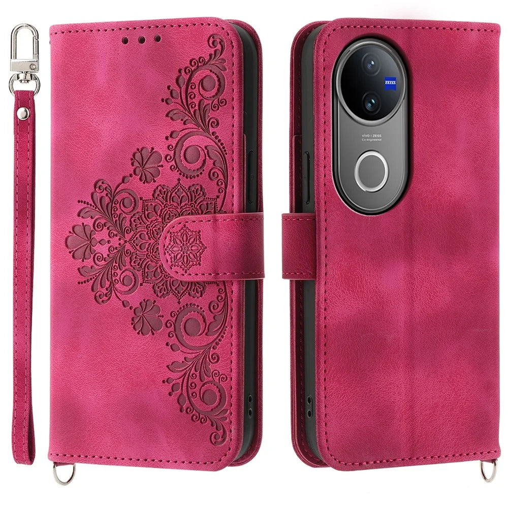 For vivo V50 5G Case Flower Pattern PU Leather Wallet Phone Cover with Strap - Wine Red - 1