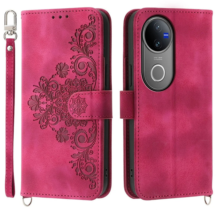 For vivo V50 5G Case Flower Pattern PU Leather Wallet Phone Cover with Strap - Wine Red - 1